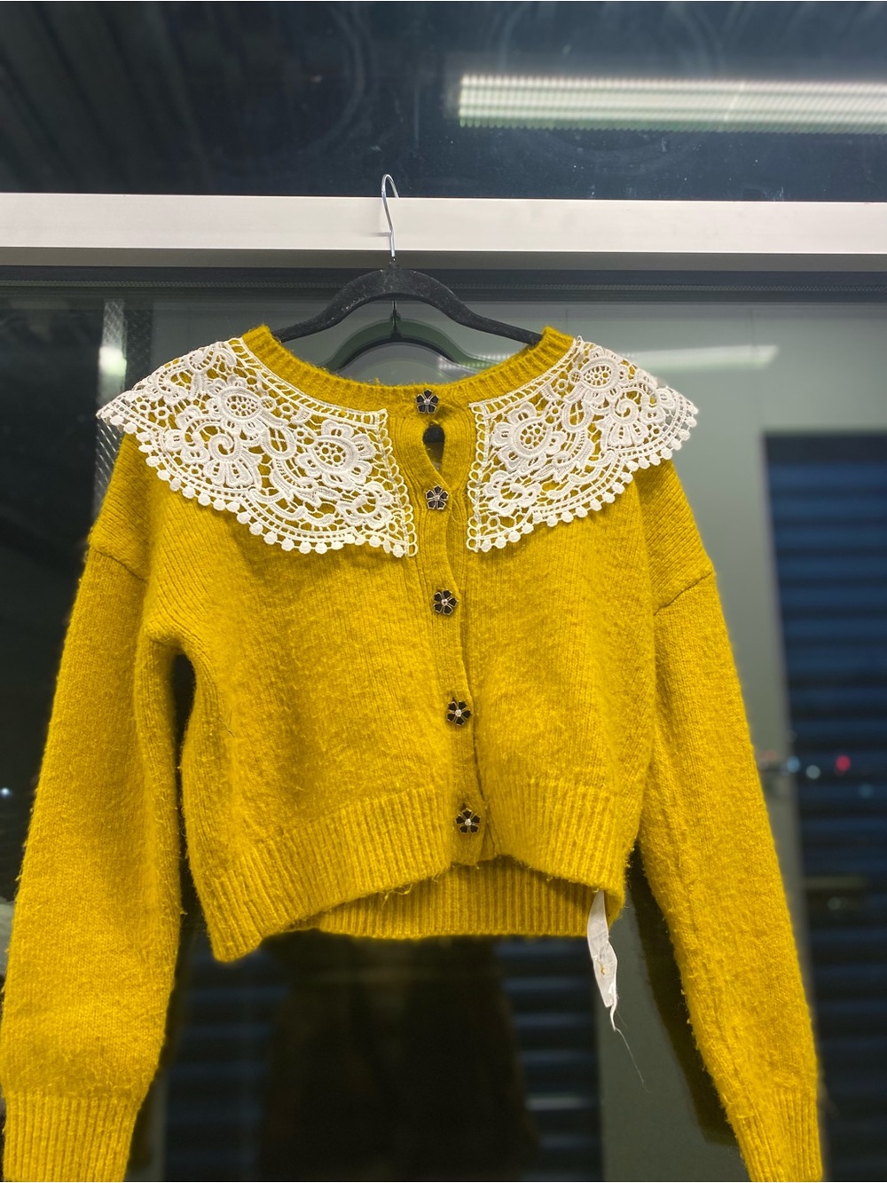 ANTHROPOLOGIE Cropped Mustard Knit Cardigan with Decorative Lace Collar